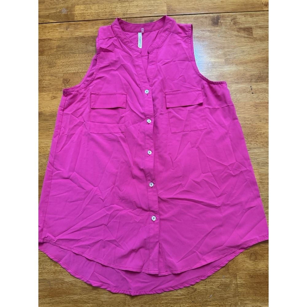Mittoshop Sleeveless Top Blouse Womens Size S Pink Silky Button Up Tunic Pocket